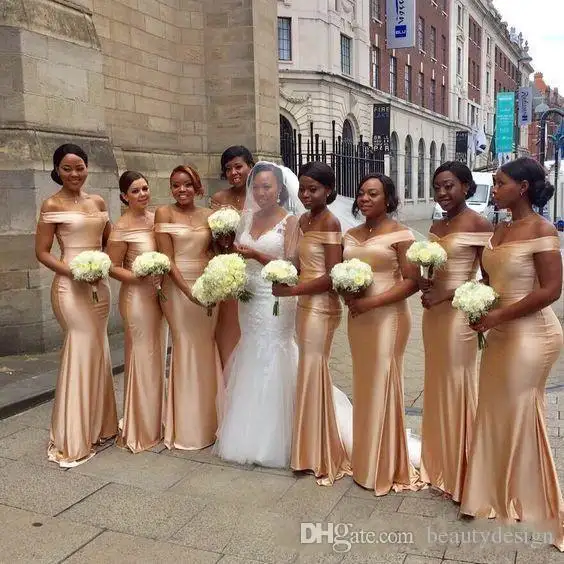 African Off The Shoulder Mermaid Bridesmaids Dresses 2023 Hot Sale Gold Black Girl Wedding Guest Gowns