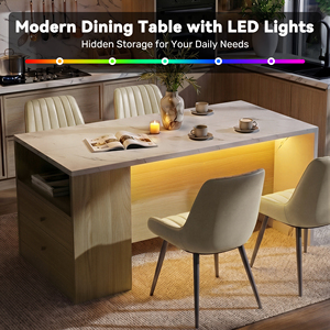 โต๊ะรับประทานอาหารทรงสี่เหลี่ยมทันสมัยพร้อมไฟ LED RGB โต๊ะหินอ่อนเทียมพร้อมลิ้นชักเก็บของด้านข้าง เกาะกลางห้องครัว - Product Image 2