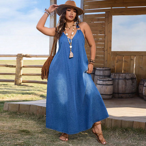 chinese dress ladies Oversized Denim Maxi Dress M / Blue