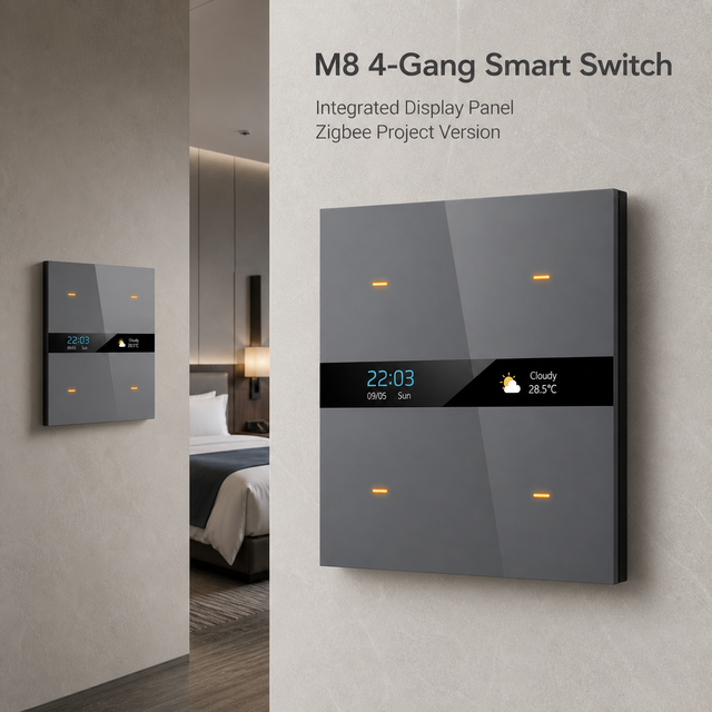 Zigbee Smart Switch 4 Gang 4-Way Aluminum PC Wall Panel Smart Life App Display Scene Control for Multi-Circuit Lighting Systems