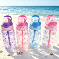 Bouteille d'eau PC 500 ml transparente avec paille, bouteille d'eau en plastique à bouton-poussoir anti-fuite, portable pour sports de plein air, pour enfants