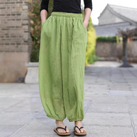 Celana Bloomers & Celana Panjang Wanita Bahan Katun-Linen, Model Longgar, Bergaya Artistik, Terinspirasi Fotografi Perjalanan, Desain Sambungan, Kaki Lebar, untuk Santai di Musim Panas