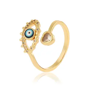 Fashion 14k Gold Plated Elegant Openable Copper And Cubic Zirconia Ring Featuring Devil Eye Element Sophisticated Golden