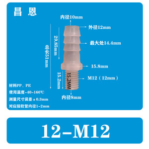 Raccord de tuyauterie droit en plastique PP résistant à la corrosion à haute température 12-M12, filetage extérieur M5/M6, raccord sanitaire M10 - Product Image 3