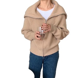紫色翻领拉链针织马海毛开衫女式秋季休闲挂脖系带柔软毛衣外套海军领上衣 - Product Image 5