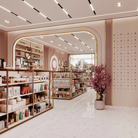Comptoir de réception moderne rose pour salon de beauté avec mur d'accentuation circulaire LED, niches d'exposition personnalisées pour boutique, design complet