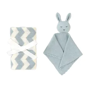 Wholesale Cotton 2pcs Set Knitted Lovely Rabbit Security Blanket Comforter Toy With Wrap Blanket Baby Gift Set For Boys Girls