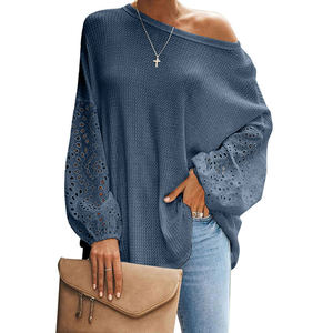 Vestidos de encaje de retazos de manga larga para mujer, Tops sueltos de punto a la moda, 2021 - Product Image 4
