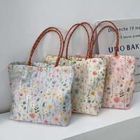 Tas Makan Siang Kecil Motif Bunga Bordir Model Bucket Tas Tangan Minimalis Tas Jinjing Kanvas untuk Kerja Luar Ruangan