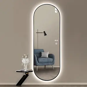 Specchio da toeletta a figura intera a LED con cornice in metallo nero nero di forma ovale vintage personalizzato con luce espejo spiegel