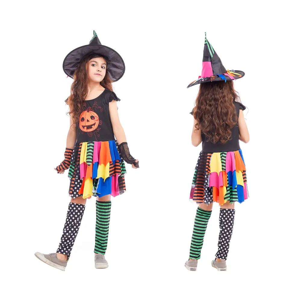 2024 Halloween Rainbow Pretty Witch Dress Set maquillaje fiesta carnaval Cosplay bruja disfraz para niñas