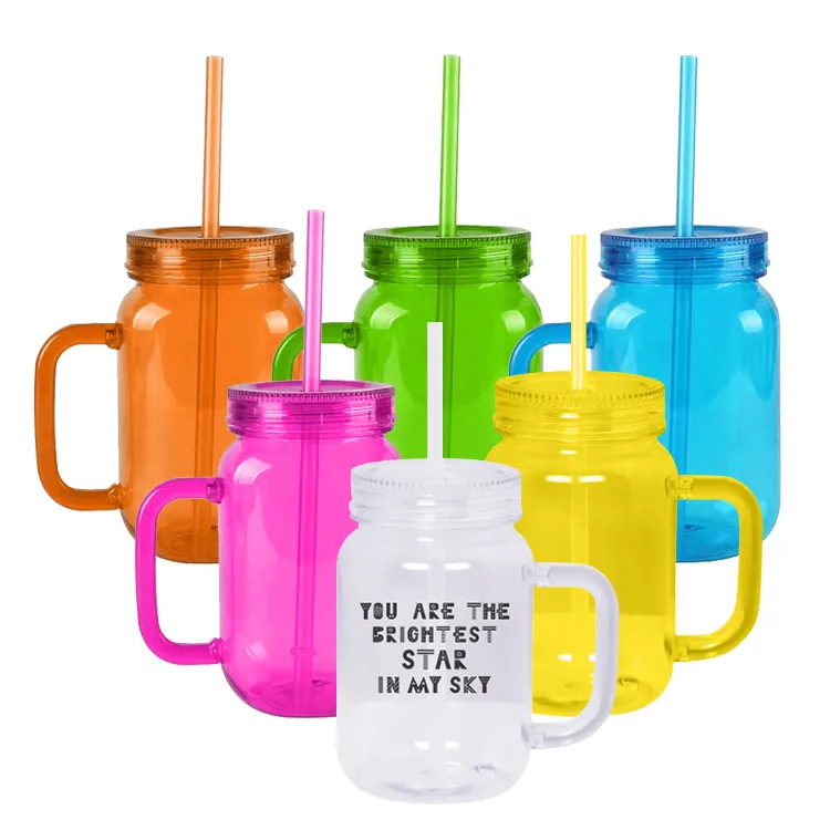 Grosir Botol Mason 16Oz dengan Tutup Botol Mason Cup Plastik Mason Jar dengan Pegangan