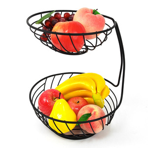 Black Round Double Layer Iron Fruit Basket Durable <b>Standing</b> Type Food Container Nordic Style Storage Basket - Product Image 1