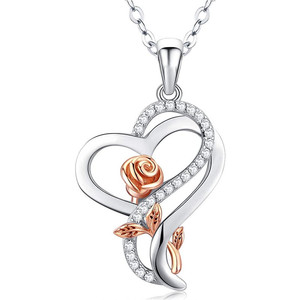 Ciondolo a forma di cuore in argento con rosa in oro rosa e strass per donna, regalo romantico, collana con catena in argento 925 - Product Image 1