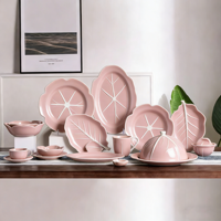 Service de table en céramique à motif de feuilles rose clair, bol en forme de pétale, assiette, vaisselle de luxe légère pour la maison, passe au micro-ondes