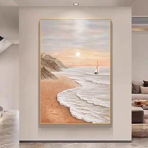 Peinture à l'huile peinte à la main, paysage marin au lever du soleil, art mural vertical pour salon, fond de canapé, sans cadre, effet 3D décoratif - Product Image 4