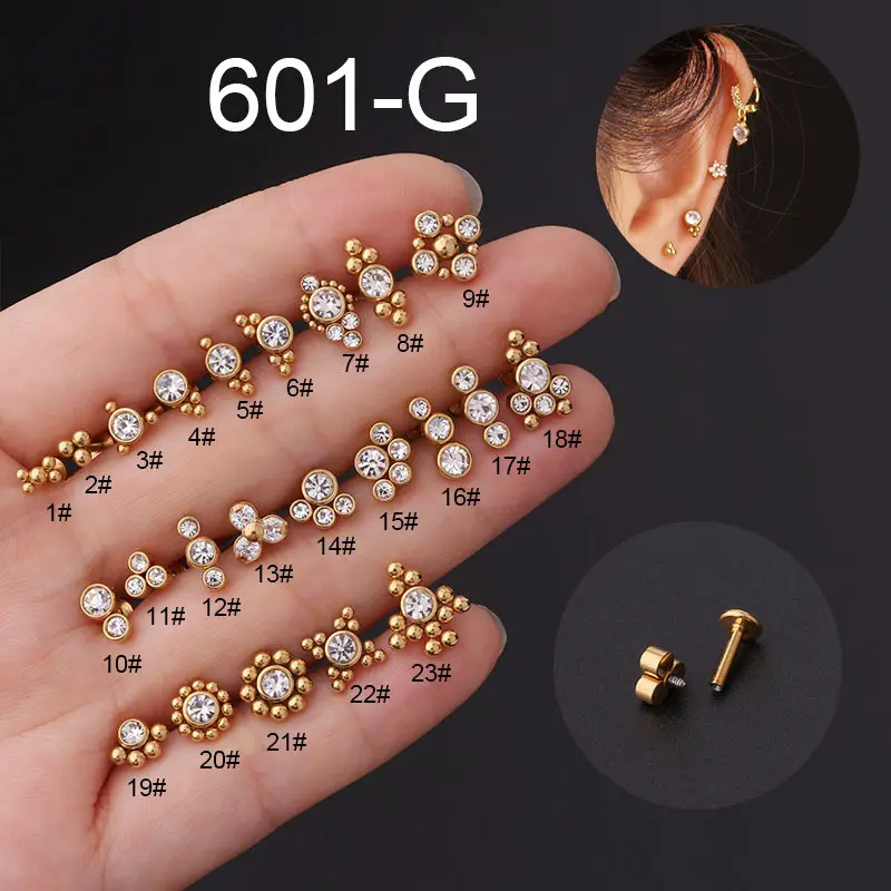 16G Kristal Kluster Tulang Rawan Telinga Tragus Helix Daith Perhiasan Tindik Baja Nirkarat Anting Tindik Datar CZ Labret Cincin Bibir