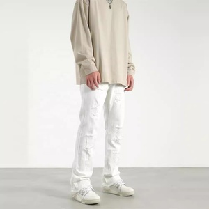 Jeans Huanqiu para <span class=keywords><strong>Hombre</strong></span>, Corte Recto, Lavado Vintage, <span class=keywords><strong>Blanco</strong></span> y Negro, Desgastados, Estilo Urbano, Cintura Media - Product Image 4