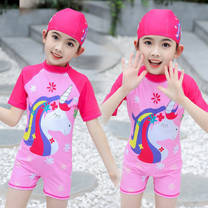 Traje de baño de verano con estampado de flamencos para niños, de secado rápido, tejido con patrón de dibujos animados, manga corta, de una pieza - Product Image 4