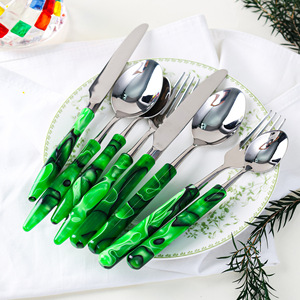 Jin Hui Chinese Style Green Acrylic Handle Stainless Steel Cutlery <b>Set</b> Four Piece Knife Fork Spoon Teaspoon - Product Image 4