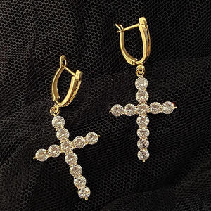 Pendientes colgantes de cruz de oro E3567 con circonita redonda engastada para mujer, joyería religiosa de moda. - Product Image 4