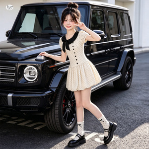 Robe courte à pois à manches bouffantes et taille bouffante pour filles, tenue d'été - Product Image 3