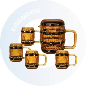 Set of 4 Barrel Glass Beer Mugs with Geometric Handle 570ml Freezer Beer Cups for Party Retirement Gifts for Men