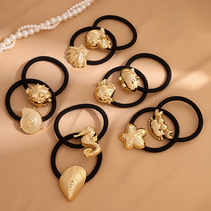 Bandes de cheveux élastiques noires avec des breloques d'animaux d'océan doré mignon alliage métal cheveux chouchous pour femmes enfants plage ton cheveux cravate - Product Image 2