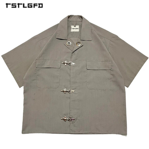 カスタムデザイン カジュアル 高品質 夏用 消防士 バックル ロブスタークラスプ ダメージ加工 クロップドTシャツ メンズ - Product Image 1