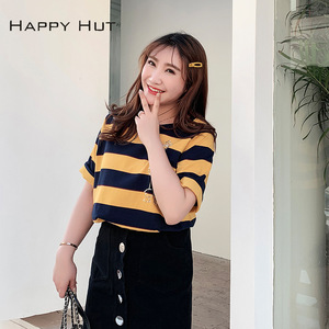 Happy Hut Camiseta de manga corta a rayas de verano para mujer, amarilla, azul, tejida, transpirable, N6956 - Product Image 1