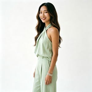 Conjunto de Top Halter sin Mangas Verde Claro y Pantalones Anchos de Cintura Alta para Mujer, Atuendo de Dos Piezas Casual y Chic para Verano - Product Image 2