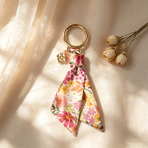 Floral Print Silk Scarf Keychain with Zinc Alloy Gold <b>Ring</b> and Flower Charm, Elegant Fashion Accessory for <b>Bag</b> or <b>Keys</b> - Product Image 2