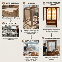 Vitrine de luxe vintage en bois pour bijoux, avec armoire de présentation en verre cintrée, éclairage LED et tiroirs de rangement pour l'affichage de bijoux en magasin.