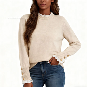 Pull en tricot à col rond et manches longues pour femme, avec bordure en dentelle patchwork, boutonné, tendance automne/hiver - Product Image 2