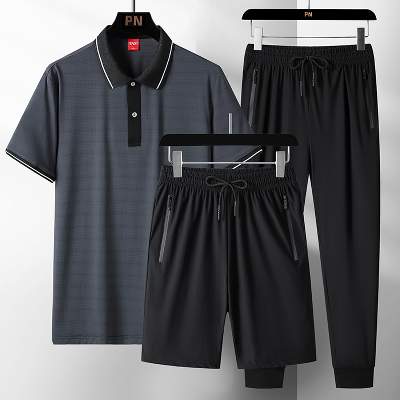 Gris oscuro [camiseta] + Negro [pantalones con cintas para las piernas]