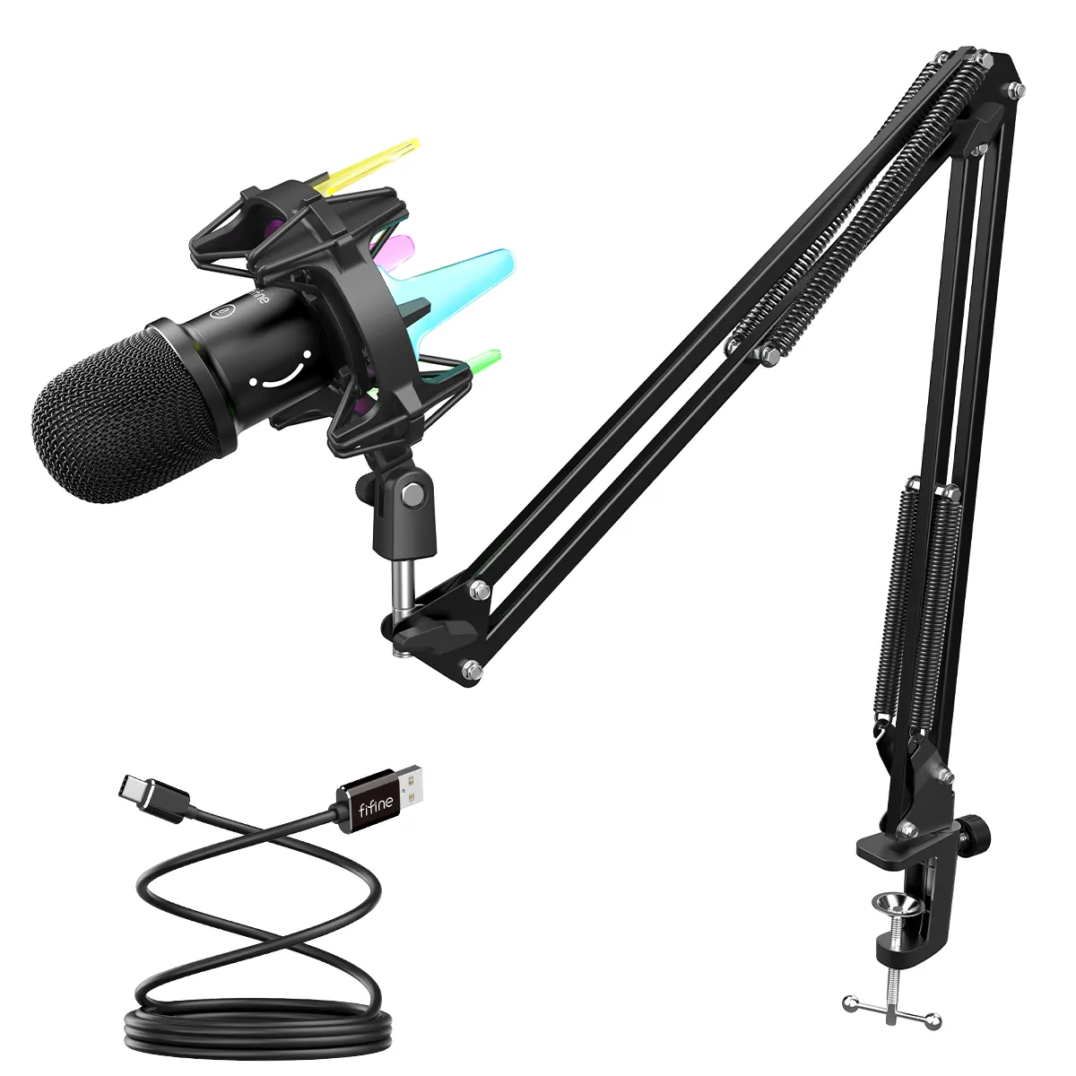 Fifine K651 shock mount arm stand live stream dynamic usb rgb gaming recording microphone