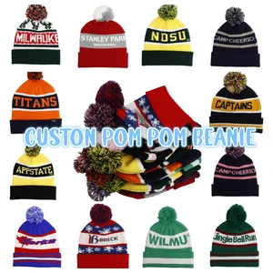 Wholesale Winter Knitted Bobble Hat Woven Embroidery Logo Pom Pom Beanies For Adults