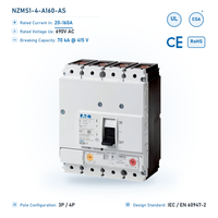 Disjoncteur Eaton NZM 160A 4 pôles 70kA à déclenchement thermomagnétique 400V AC, boîtier plastique, pour machines industrielles