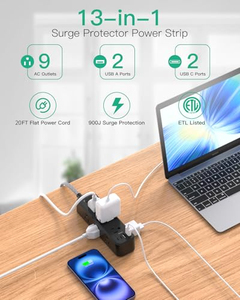 Multiprise américaine avec protection contre les surtensions, 6 prises AC, 2 ports USB Type C, 10A 125V, cordon tressé pour la maison et le bureau - Product Image 2