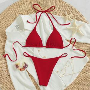 Bikini de Dos Piezas con Escote en V y Tirantes Triangulares, Traje de Baño Sólido de Tres Puntos con Tanga, Ecológico, de Spandex/Poliéster, Ideal para Aguas Termales - Product Image 4