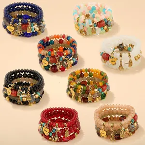 Simple metal arm candy bead bracelet owl shape crystal charm bracelets beads bracelet set