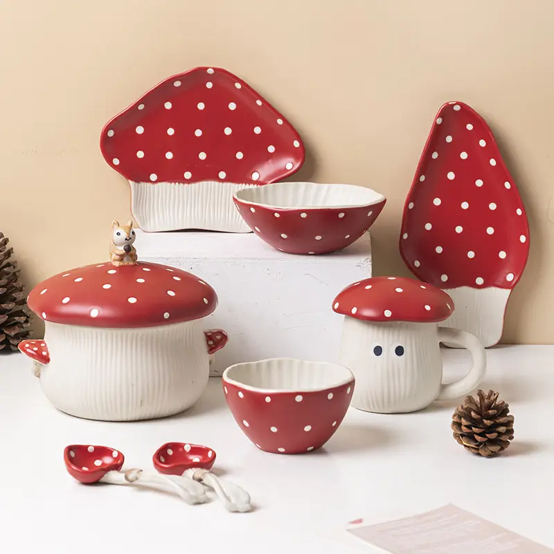 Hot selling cute cartoon ceramic red mushroom tableware set art dinner plate bowl mug