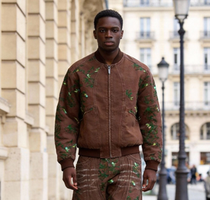 Blouson Bomber Vintage Marron pour Homme avec Broderie Florale, Délavé à l'Acide, Coupe Ample Oversize, Style Streetwear Décontracté Zippé - Product Image 3