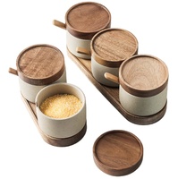 Japanese Vintage Style Kitchen Round Shape Pepper Sugar Salt Ceramic Seasoning Jar Set with Wooden Lid