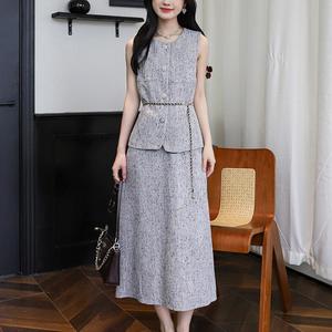 Autunno Casual da donna <span class=keywords><strong>Set</strong></span> di coordinate personalizzato in puro poliestere tinta unita grigio con bottone senza maniche Top gonna lunga in Tweed - Product Image 3