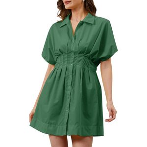 Robe chemise plissée boutonnée pour femme, manches courtes, décontractée, mini, vert foncé, été - Product Image 1