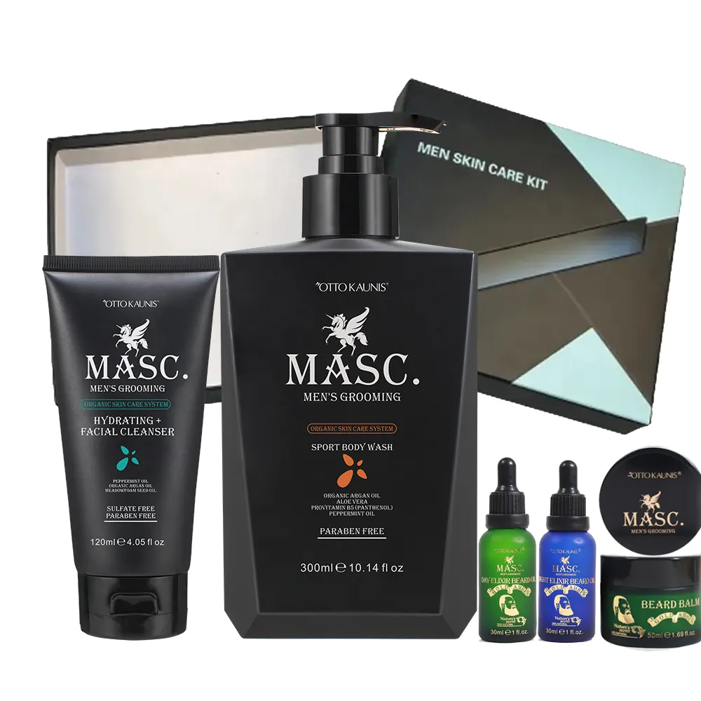 oem men skin care kit set packaging anti wrinkle hydrating refresh clean body wash facial cleanser nourish beard oil balm