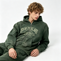 Sweat à capuche zippé pour homme, délavé vintage, vert délavé soleil, imprimé graphique, en coton épais, style streetwear, fournisseur en gros