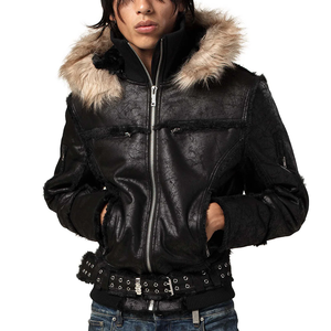 Blouson aviateur personnalisé en fausse fourrure cadrée, manteau bomber en cuir noir pour le streetwear, vente en gros, MOQ 50 pièces - Product Image 1