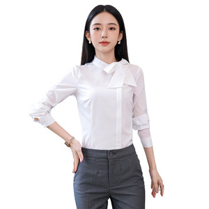 Bow <b>Tie</b> Long Sleeve Blouse Women Slim Fit Solid Color No Wrinkle Treatment Hotel Uniform Front Desk Cashier Shirt Blue White - Product Image 5